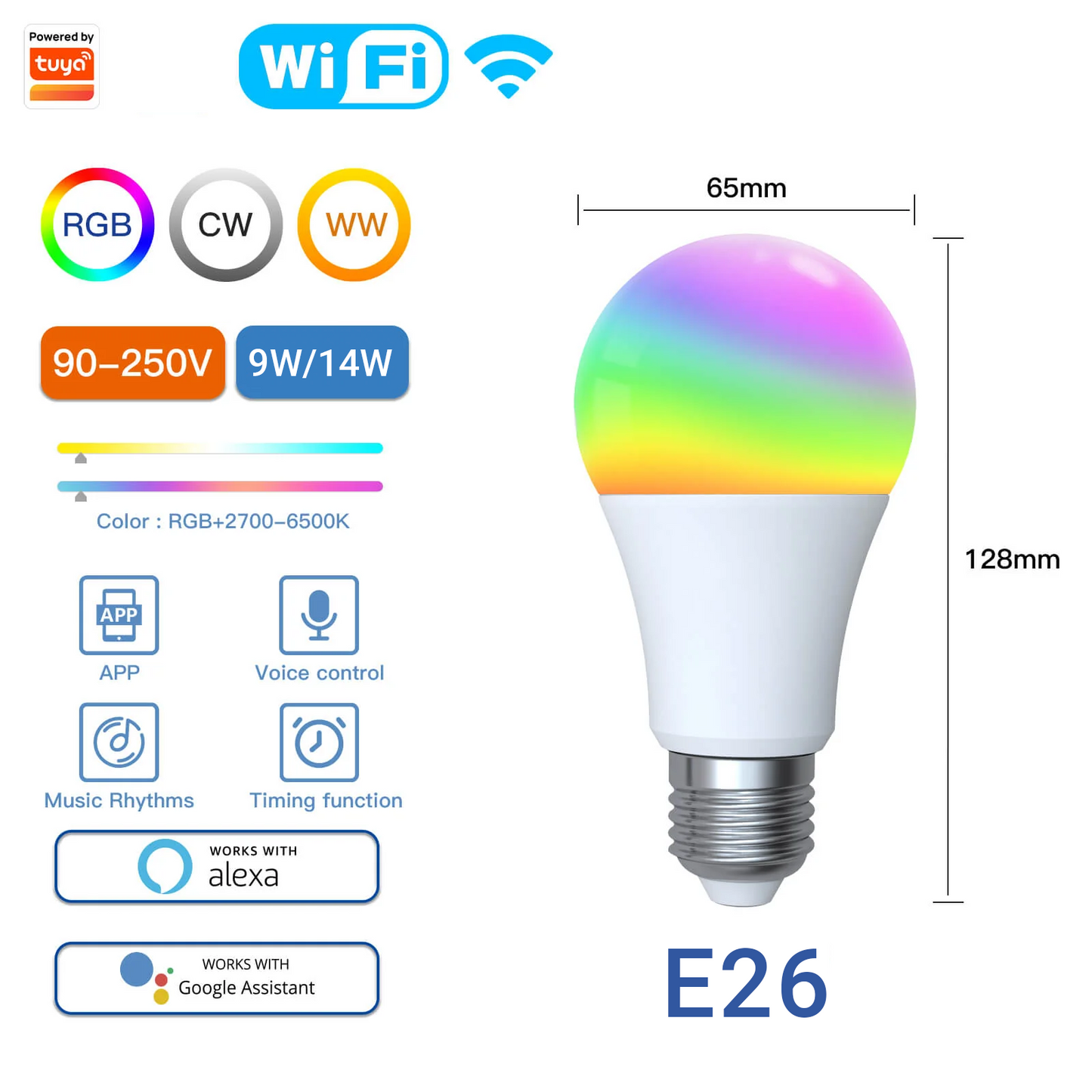 Stavo WiFi Smart LED Light Bulb Lamp 14W/9W RGB E26 Color Changeable 2700K-6500K