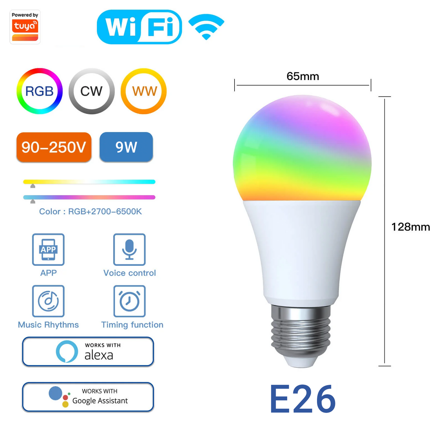 WiFi Smart LED Light Bulb Dimmable Lamp 9W RGB E26 Color Dimmable Changeable 2700K-6500K