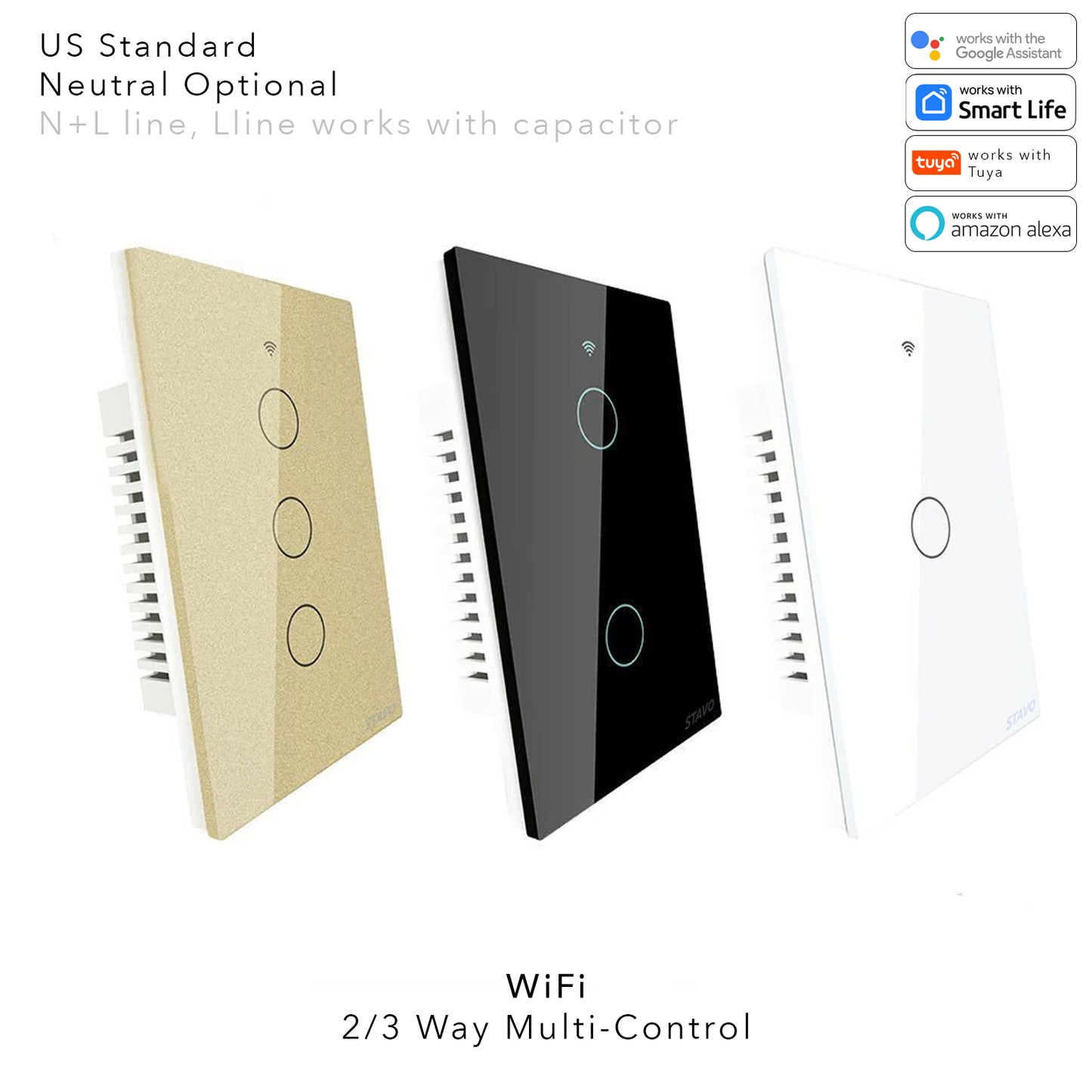 WIFI Smart Wall Touch Light Switch Glass Panel, 3 Way Multi-Control No Neutral Required US Standard