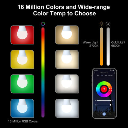 WiFi Smart LED Light Bulb Dimmable Lamp 9W RGB E26 Color Dimmable Changeable 2700K-6500K